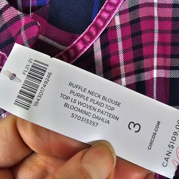 Chicos Poet Ruffle Purple Plaid Button Up Blouse XL Long Sleeve Flowy Rayon - Picture 5 of 8